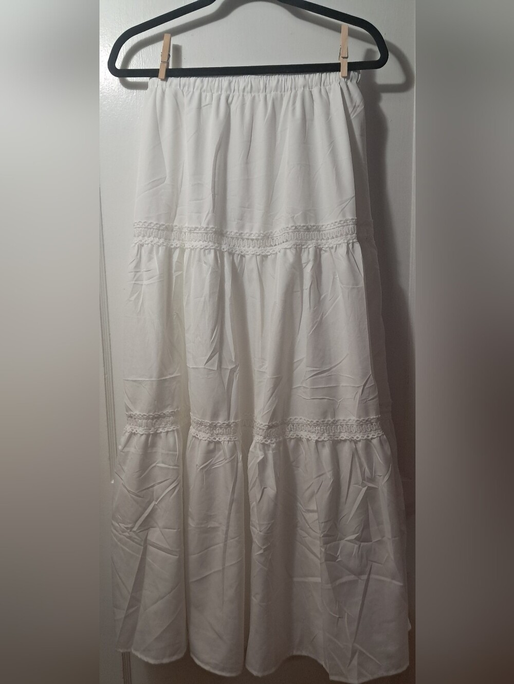 White Drawstring Waist Tiered Midi/Maxi Skirt With Lace & Beaded Details - Picture 5 of 5